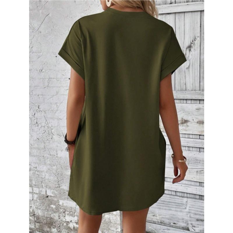 Fashion Women O Neck Short Sleeve Summer Dress Loose Solid Color Simple Basic Elegant Casual Party Short Dresses Female Women's Clothing