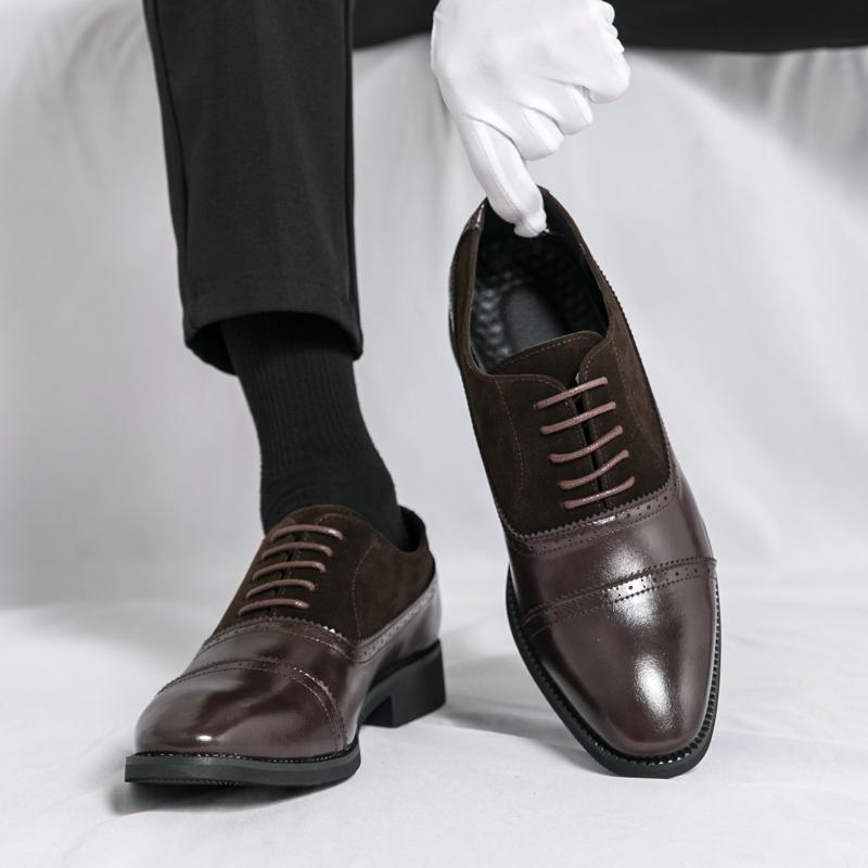 New Men's Black Brown Pointed Suede Mix Leather Casual Brogues Shoes Male Wedding Dress Homecoming Footwear Zapatos Hombre