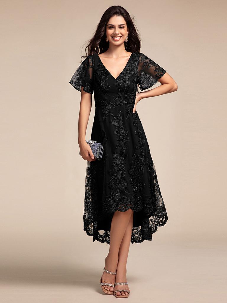 Ever-Pretty Women's Exquisite Embroidery V-Neck See-through Sleeve Wedding Guest Dresses with Asymmetrical Hem