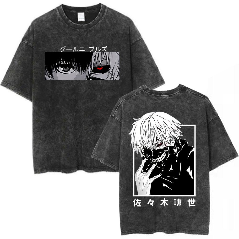 Vintage Washed Anime Tokyo Ghoul Spider Lily T Shirt Manga Cool Ken Kaneki Eyes Tshirts Gothic Short Sleeve T Shirts