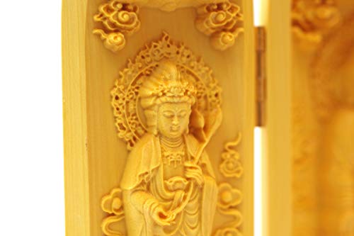 Standing Amitabha Triad Statue, Natural Boxwood, Approximately 10cm Tall, Carved with Amitabha, Kannon, and Seishi Bodhisattva, Three Open Buddhas [Pa