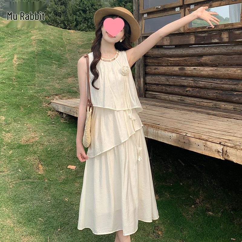 Women's 2025 Summer French Sleeveless Vest Cake Dress - Petite Holiday A-line Skirt, Loose Fit
