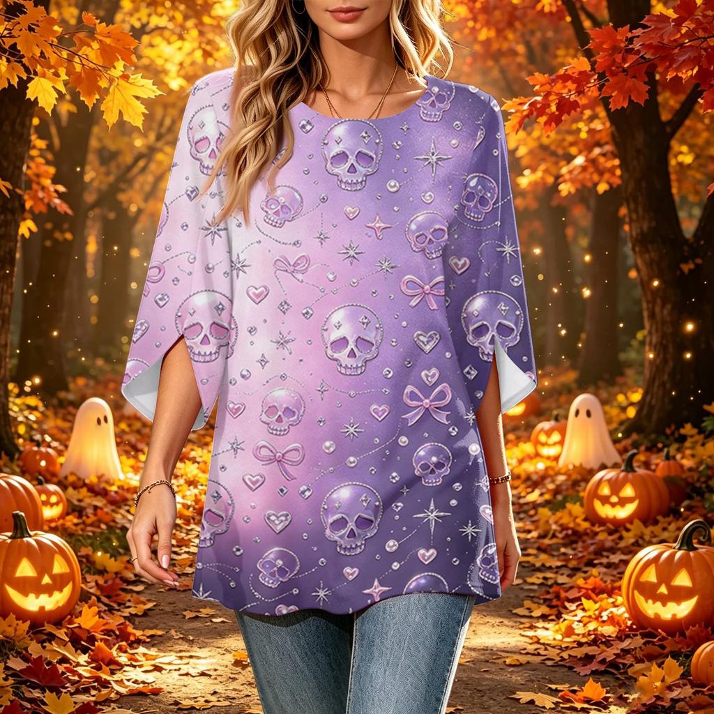 Women's Halloween Printed Casual Loose Fit Round Neck Three-Quarter Sleeve Top