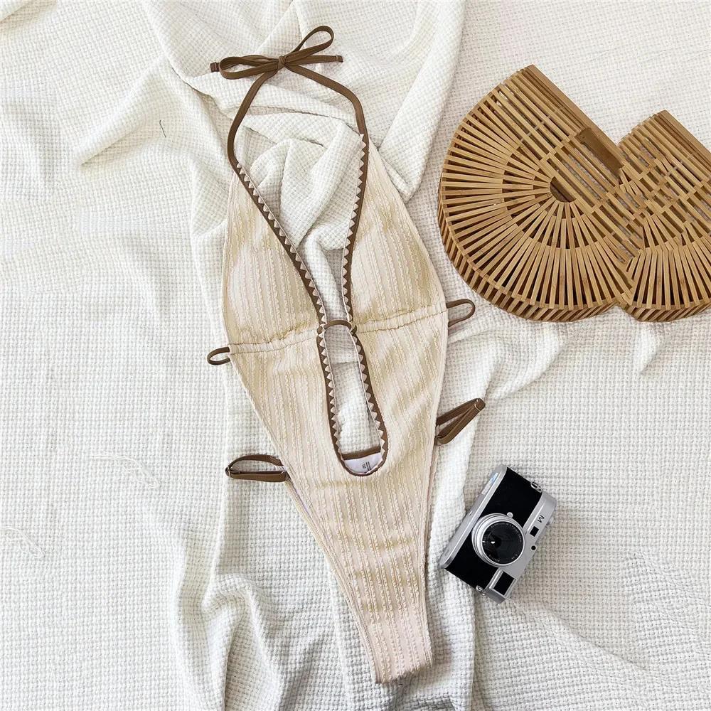 Sexy String Halter Backless Swimwear One Piece Swimsuit Women 2026 Hollow Out Monokini Beige Texture Bathing Swimming Suit Wear