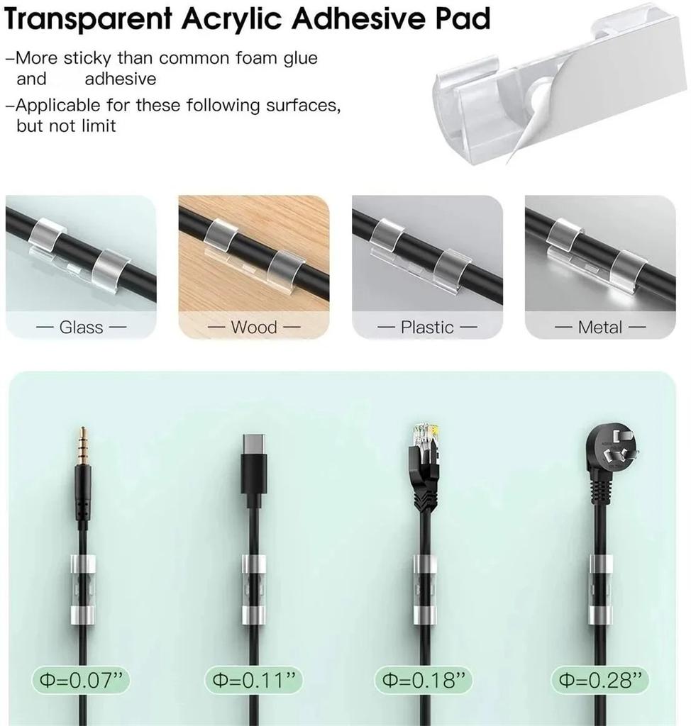Clear Plastic Cable Clips - Transparent Wire Organizers for Wall & Desk Cable Management, Adhesive Cord Holders