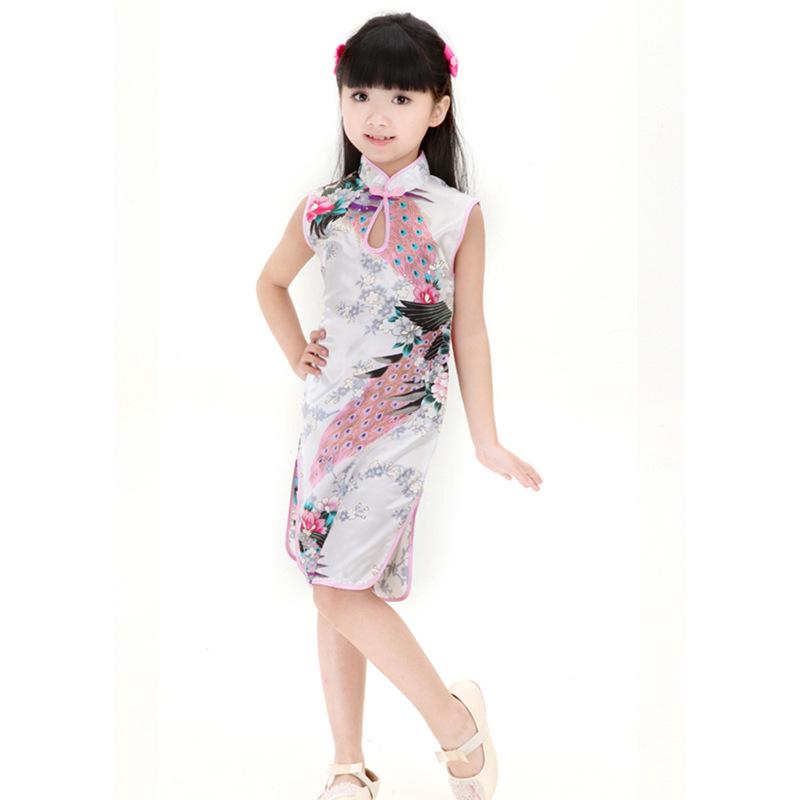 Girls' Classic Red Peacock Qipao: Children's Chinese Style Costume for New Year & Performances (Spring/Summer).