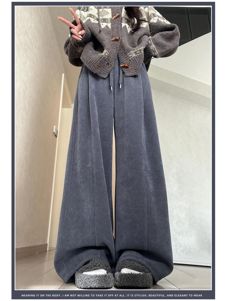 Women's High-Waisted Gray Corduroy Wide-Leg Pants - Autumn/Winter Plus Velvet Thickened Long-Leg Sports Sweatpants