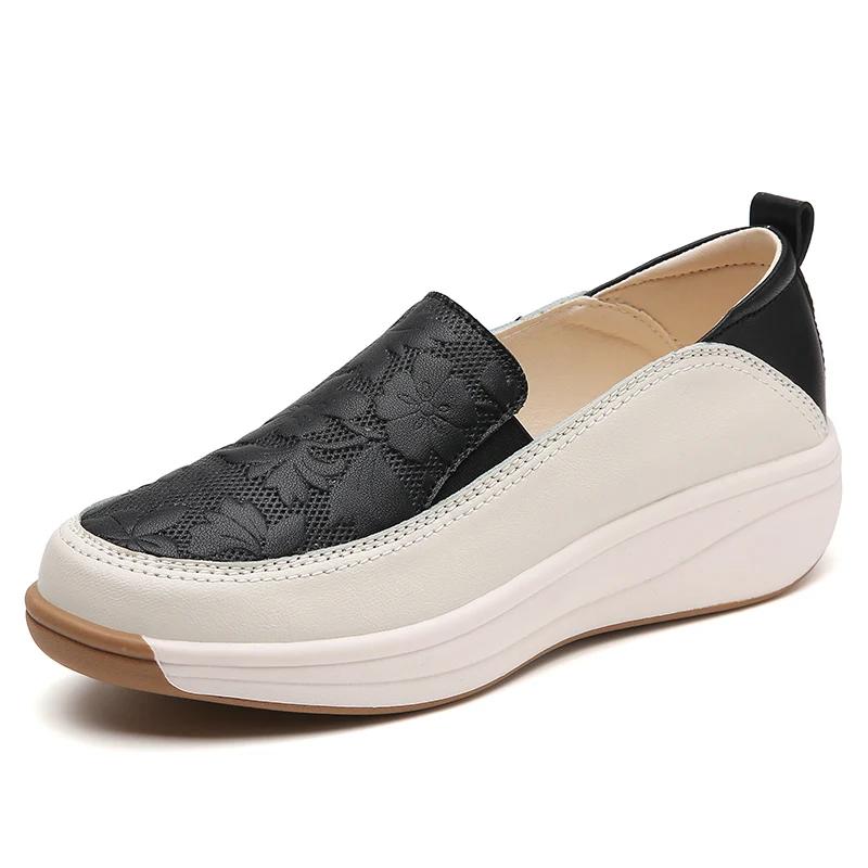 2025 Thick Soles Add Women Plus 43 Casual Sports Women's Shoes 100% Leather Breathable Light Fashion Single Shoes Walking Shoes