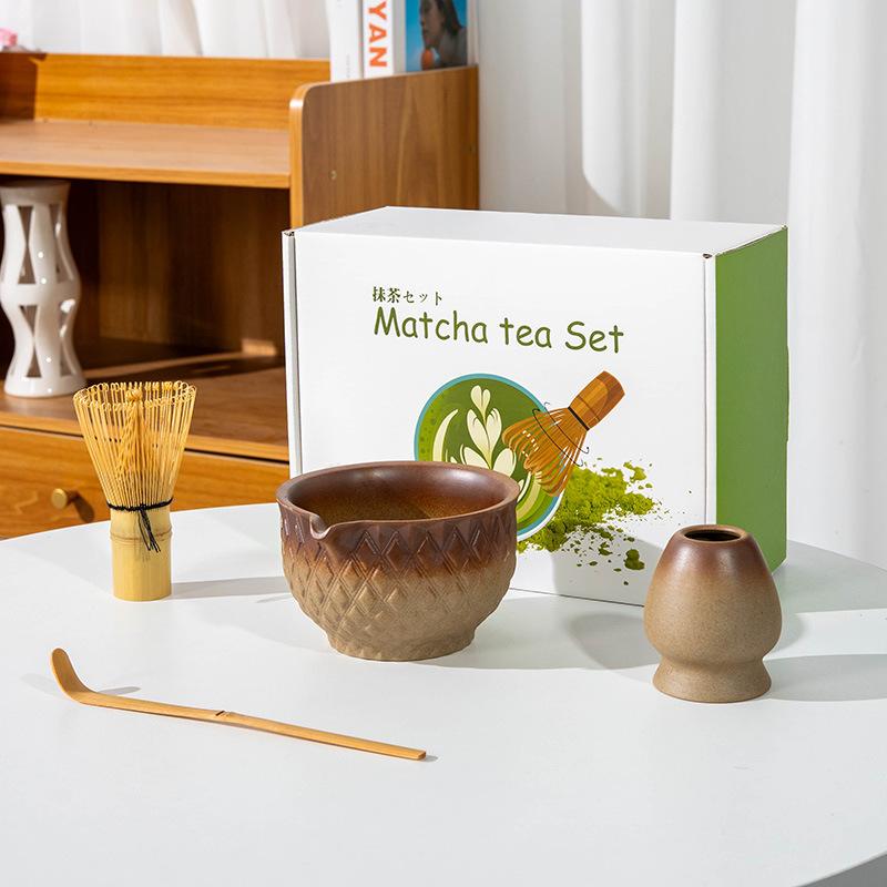 5-8pcs INS coarse pottery gradual change color tea stand matcha bowl set to order tea retro Matcha whisk set of tea tools