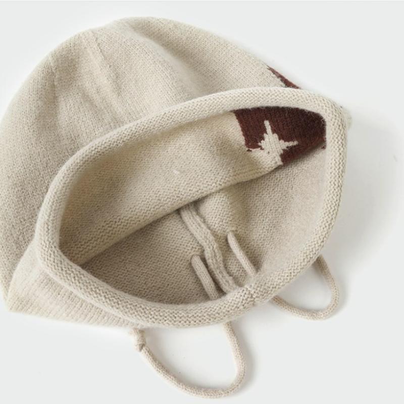 Star Pattern Curling Drawstring Beanies For Women Autumn And Winter Warm Ear Protection Versatile Retro Knitted Pullover Hats