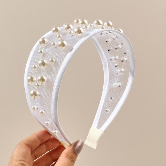 Widened Curved Hair Hoop, Breathable Mesh Base Headband with Imitation Pearls Decor, Anti-Slip Hemming Face Shaping Hair Accessory