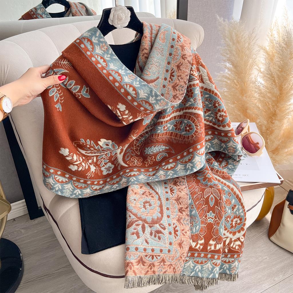 New Women's Faux Cashmere Double-Sided Print Scarf Soft Cozy Pashmina Shawl Autumn Winter Cold-Resistant Windproof Blanket