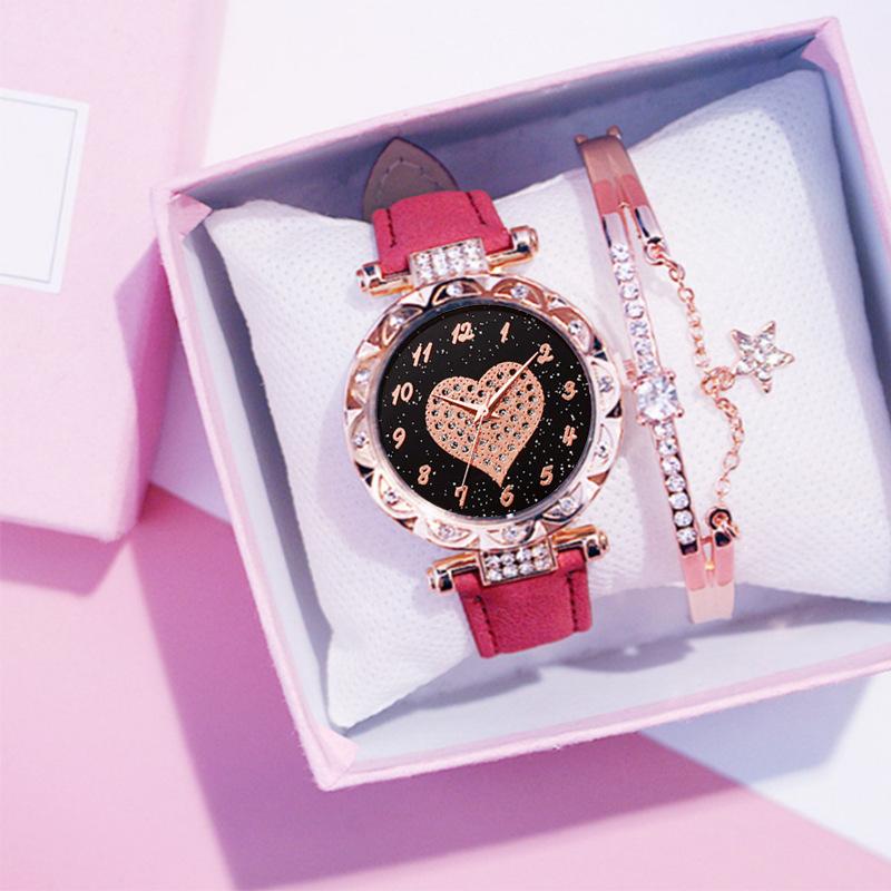 Casual Female Couple Student Electronic Watch Fashion Full Diamond Watch Love Luminous Women Peach Heart Watch