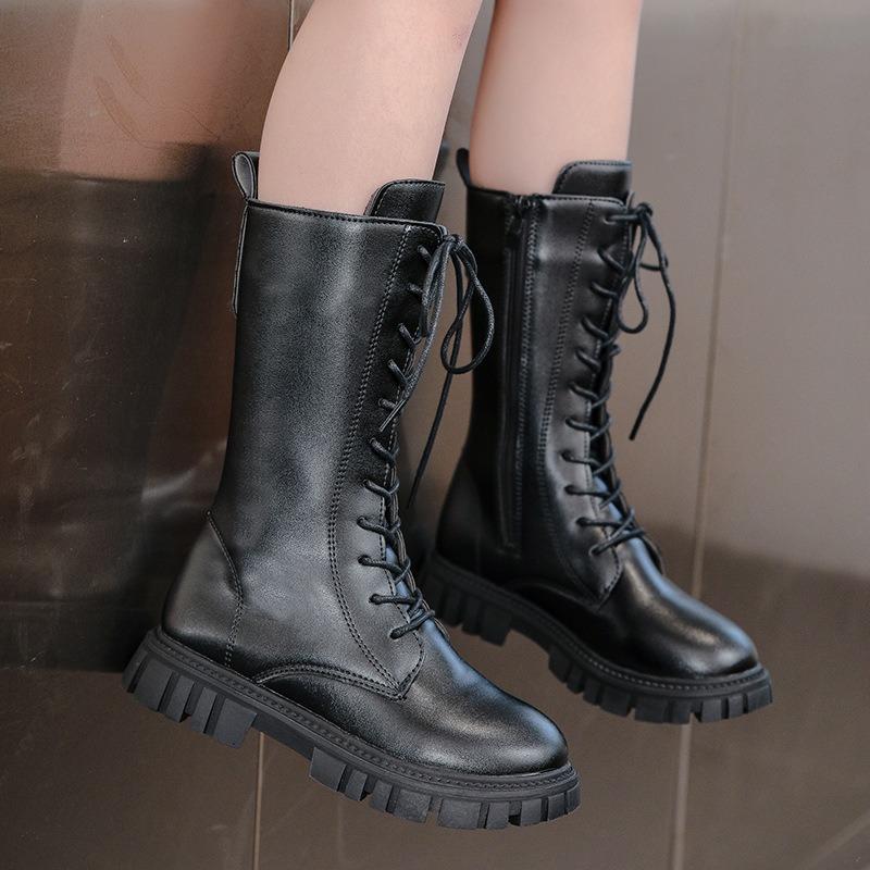 Módní dívčí kozačky zimní novinka britský styl dětské kožené kozačky vysoké kozačky princeznovské kozačky