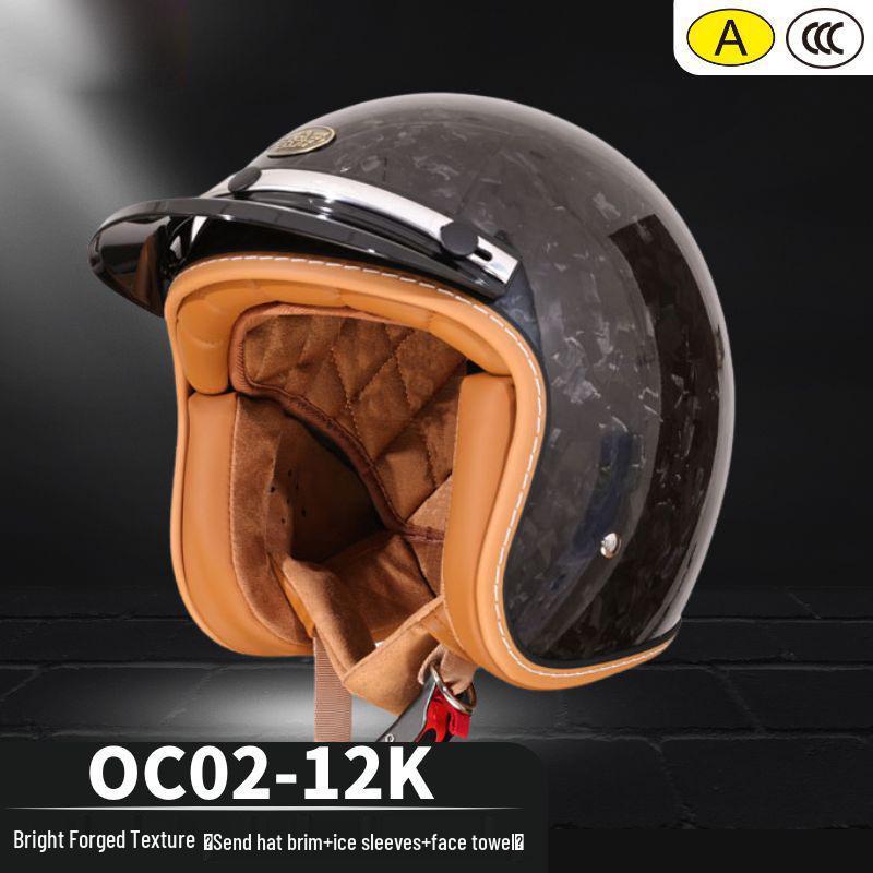Retro Carbon Fiber Motorcycle Helmet, Three-Quarter Design for Men and Women