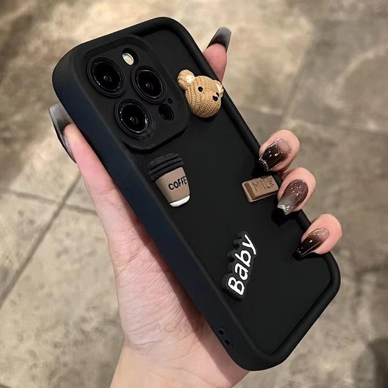 Cute 3D Bear Drinking Coffee Phone Case for iPhone 16 15 14 Pro Max, Soft Matte Silicone Cover Shockproof for iPhone 13 12 11 Pro Plus X XR XS