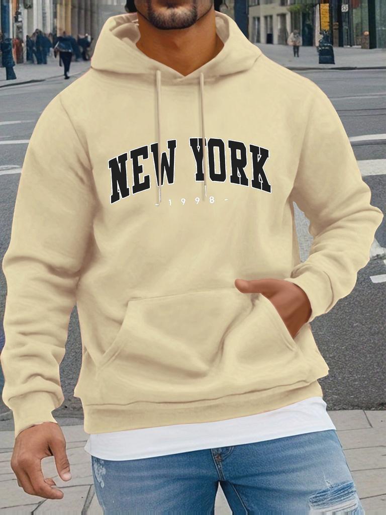 Vintage Curved NEW YORK 1998 Letter Print Men's Light Gray Hoodie, Hip Hop Sports Loose Pocket Street Sweatshirt