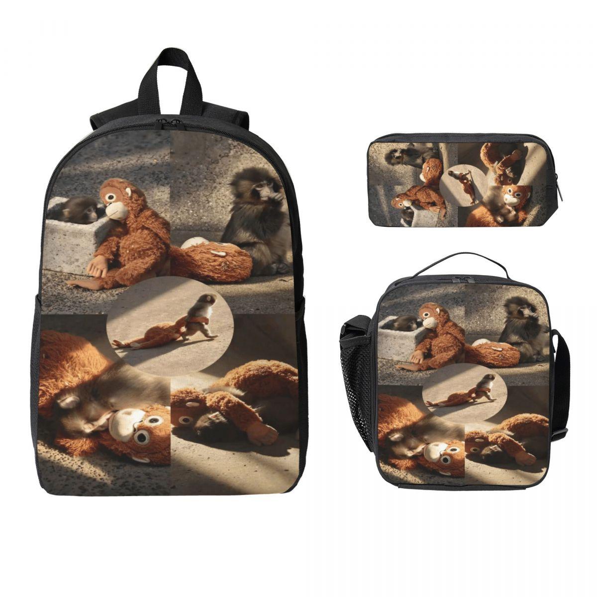 3 Stuks Monkey Punch Baby Aap Speelgoed Vasthoudend Schooltassen Set voor Kinderen Pennen Etuis Rugzak Sets met Lunchbox