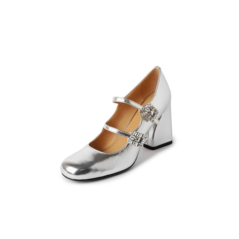 French retro Mary Jane shoes women's spring and autumn burgundy square head thick heel single shoes silver one-word buckle with high heel small l