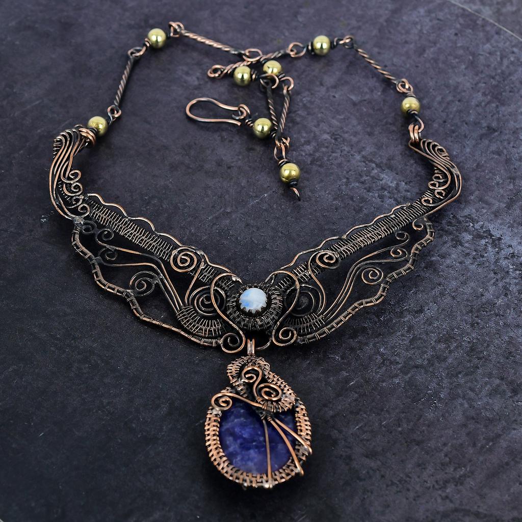 Sodalite, Larimar Gemstone Handmade Copper Wire Wrap Jewelry Necklace 18" n7n60