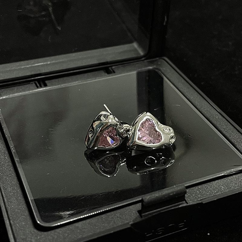 Niche Design Pink Zircon Love Necklace Sweet Cool Wind Stud Earrings High Sense Cold Wind Opening Ring Women