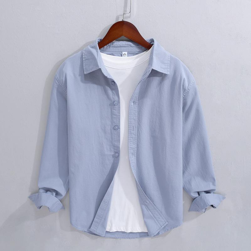 Long Sleeve 100cotton Man Shirts Spring and Summer Casual Tops Dress Shirt Lapel Collar Solid Color Button Shirt Simple Style Men Clothing