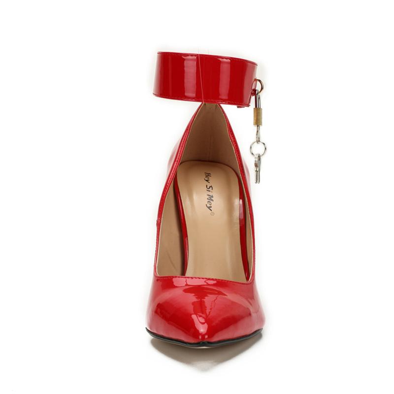 Damen High Heels Sexy 12cm Rot Schwarz Knöchelriemen Vorhängeschloss Runde Zehenpartie Stilettos Fetisch Gay Homosexuell SM Cosplay Unisex Schuhe