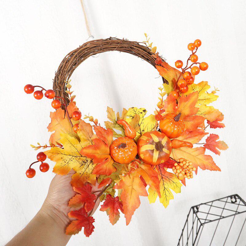 Household Halloween Door Artificial Fall Wreath with Pumpkins Maple Leaf Berries Household Halloween Door Artificial Fall Wreath with Pumpkins Maple Leaf Berries
