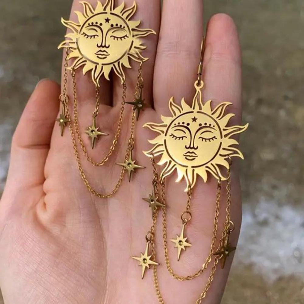 Bohemia Fashion Stainless Steel Gold Color Human Face Sun Star Tassel Chain Dangle Earrings for Women Retro Charm Jewelry Gifts