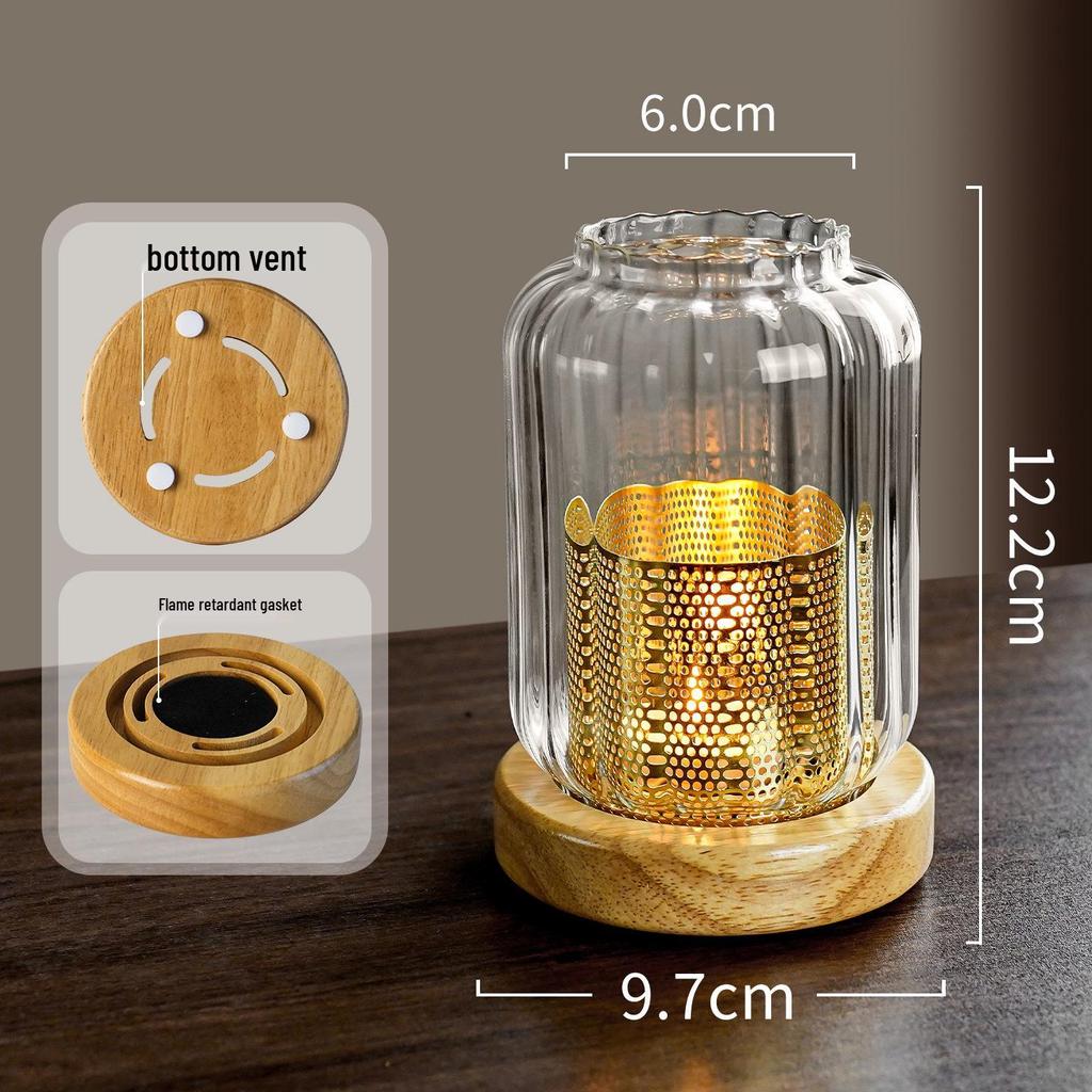 Solid Wood Glass Atmosphere Lamp & Candle Holder with High Transparency Incense Burner for Wax