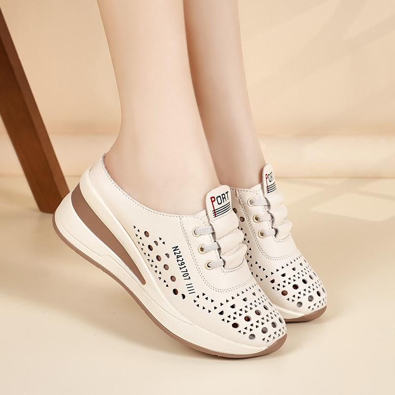 Ladies Clogs Platform Sandals Loafers Casual Hollow Leather Slippers Women Thick Sole Shake Shoe