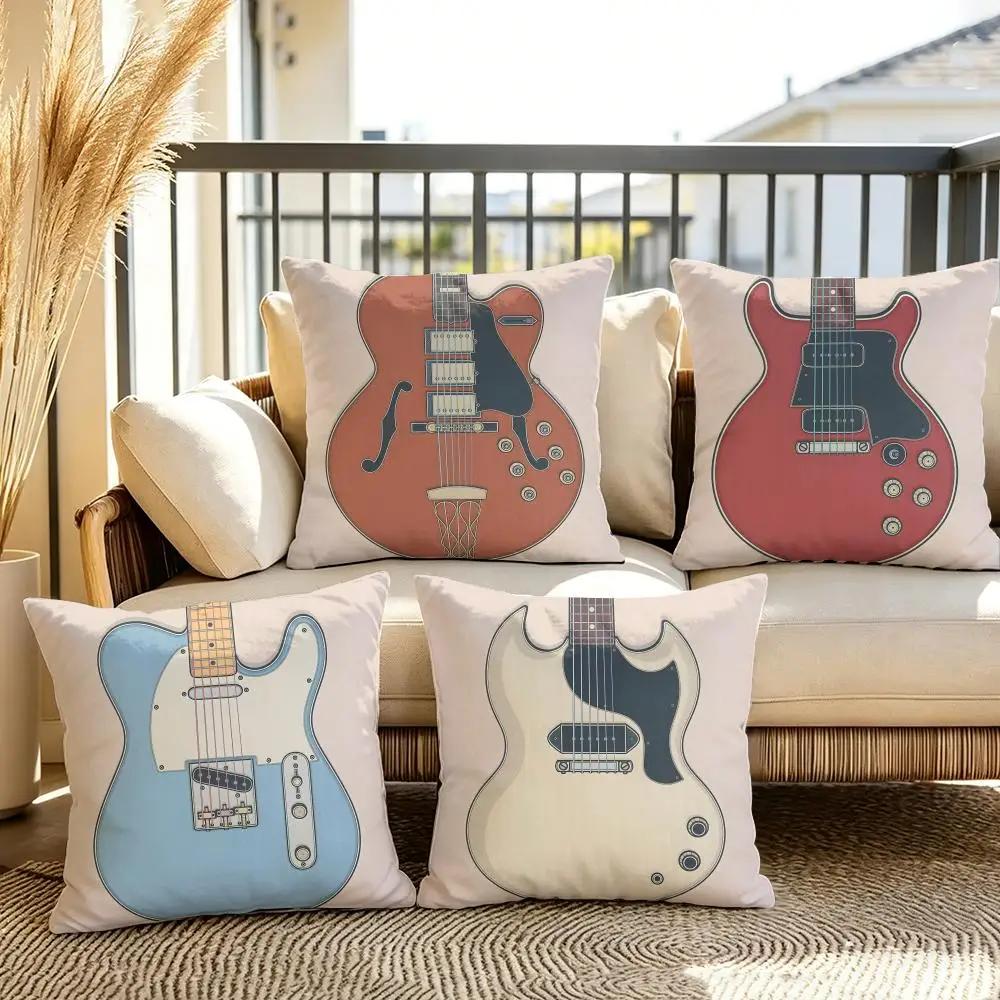 Vintage Color Guitar Fender Cushion Cover Summer Linen Pillow Case Organic Fabric Cushion Cover DoubleSided Sofa Home Decor