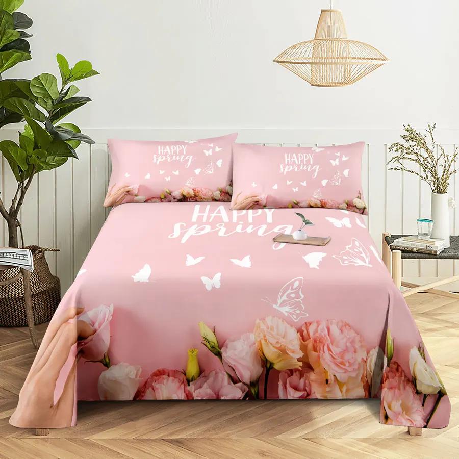 Pink Floral Bed Sheet Set Pillowcase Bedding Linens Cover Flower Queen King Twin Full Size for Single Double Bed Soft Thin