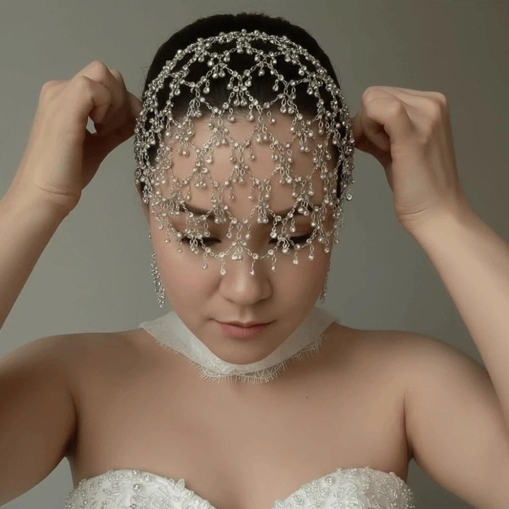 Net Shape Hair Hoop Head Chain Bride Tiaras Pearl Princess Hair Band Cap Head Chain  Girls