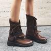 European And American Retro Leather Locomotive Boots Women'S New Western Cowboy Boots Belt Buckle Medium Boots Short Boots Martin Boots
