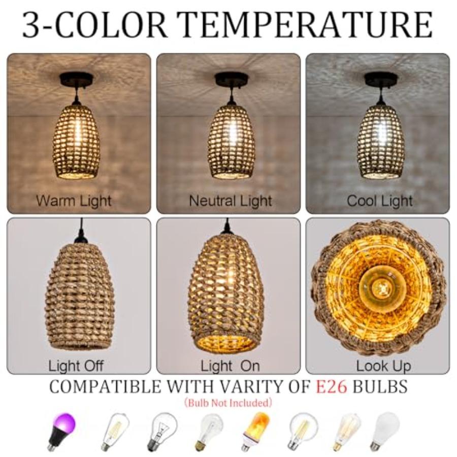3-Pack Mini Rattan Pendant Light Fixtures 7.09 Boho Hand Woven Seagrass Rattan Chandelier for Dining Living Bedroom Kitchen Far