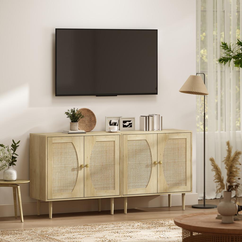 Kitchen Sideboard, Storage Cabinet with Double Doors and 2 Levels, Cane Front 80 x 38 x 79 cm Natural Wood Effect