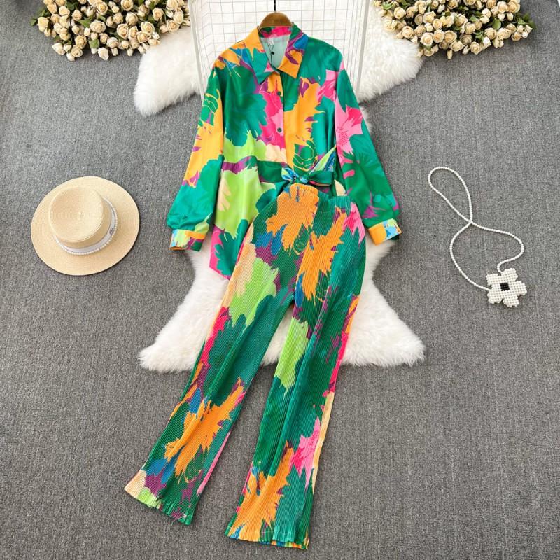 Womens Chiffon Long Sleeve Button-Up Top High-Waist Wide Leg Pants Set Tie-Dye Print Sweet Casual Outfit