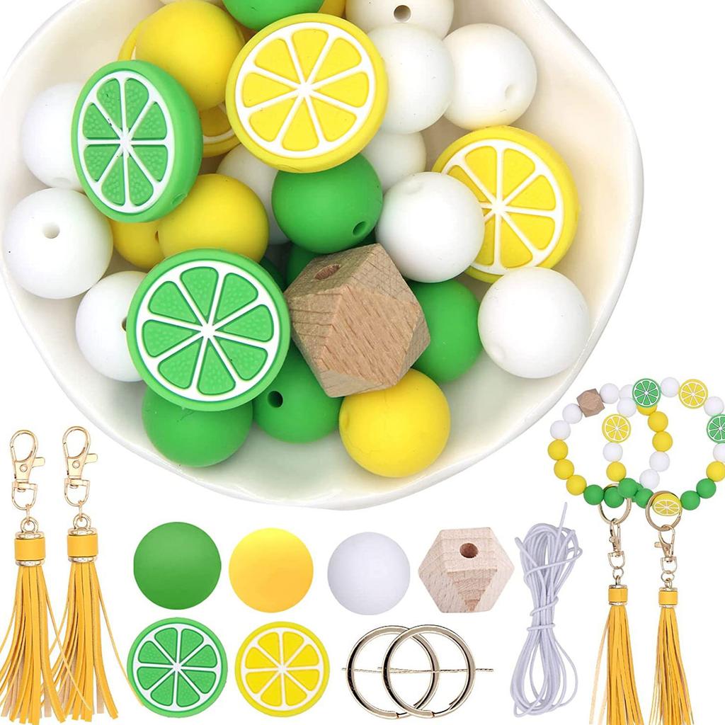 Keychain Lemon Silicone Bead Keyring Key Chain 15mm Silicone Bead Tassel Set for Decoration