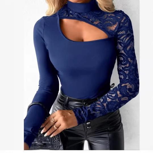 Women's Long Sleeve Top Turtleneck Sexy Streetwear Lace Patchwork Slim Fit T Shirt