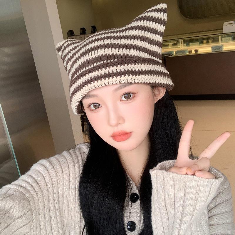 Hat Autumn and Winter Knitted Wool Hat Funny Cat Ear Hat Winter Warm Striped Devil Hat Tide