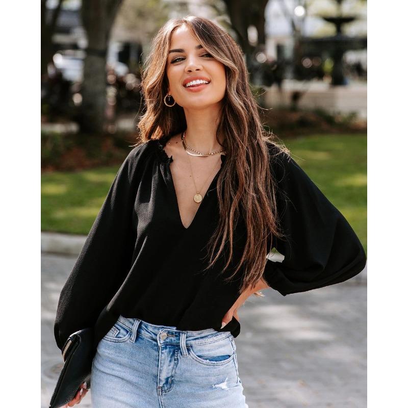 Spring and Autumn Women's Cool Long Sleeve Shirt Solid Color Casual V-Neck Loose Top