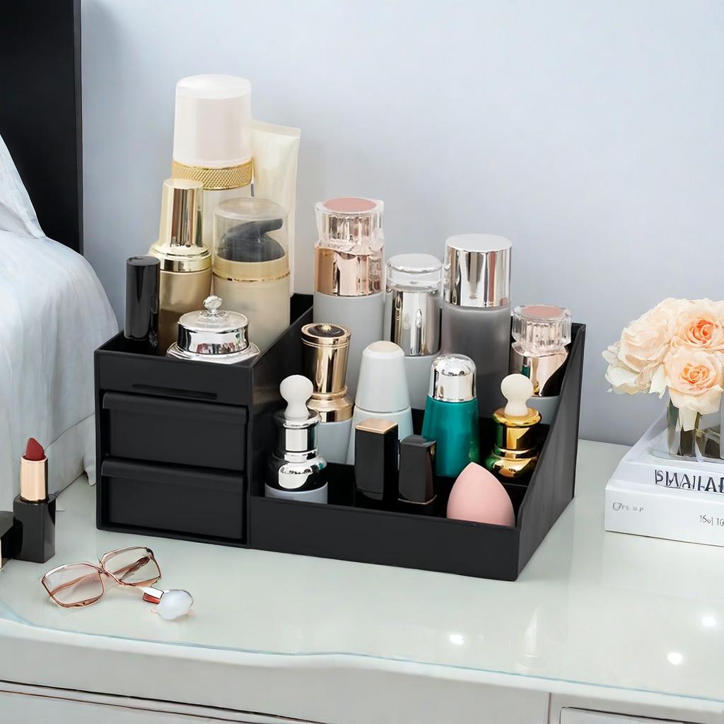 Desktop Makeup Organizer with Drawers Black PP Cosmetic Storage Box Lipstick Holder for Bathroom Vanity