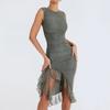 Damen Rundhals Ärmelloses Midi-Kleid Enganliegend Hoher Bund Sexy Netz Raffung Asymmetrisch Partykleid