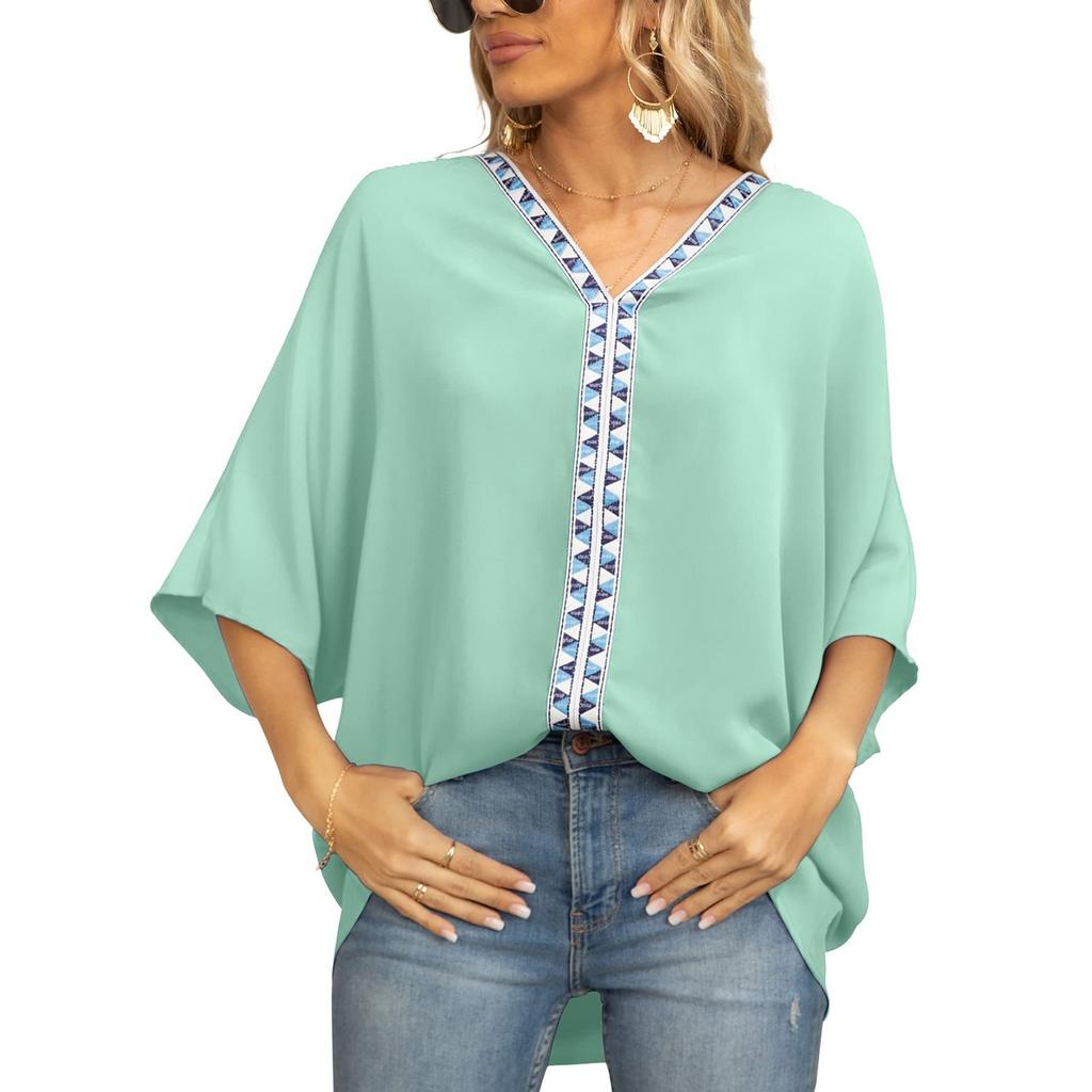 Summer New Women's Clothing Bat Sleeve Shirt V-neck Short Sleeved Shirt