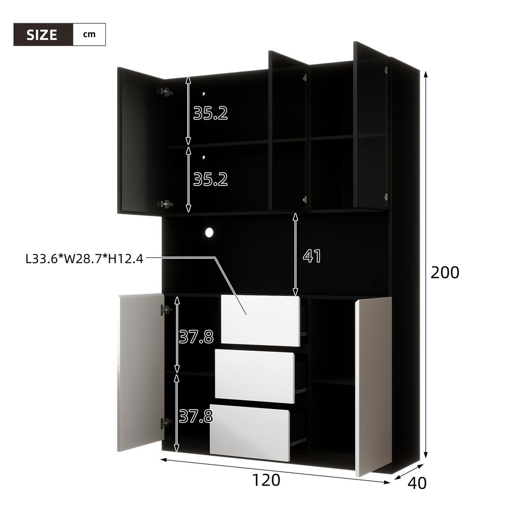 LED-beleuchteter Glasvitrinenschrank 120×40×200 cm – Gehärtetes Glas mit Regalen, Drei Schubladen und Zwei Türen, Vielseitig für Wohn- und Esszimmer.