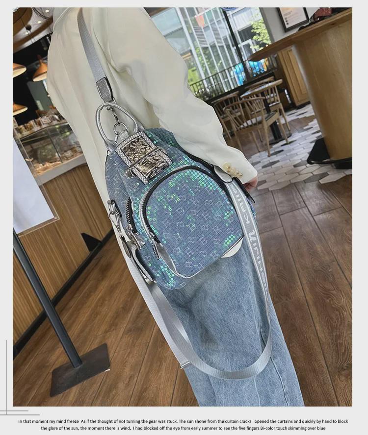 2023 Women's Versatile Western-Style Sequined Backpack – Trendy, Multi-Purpose, Small Size, Broad Strap Messenger Bag