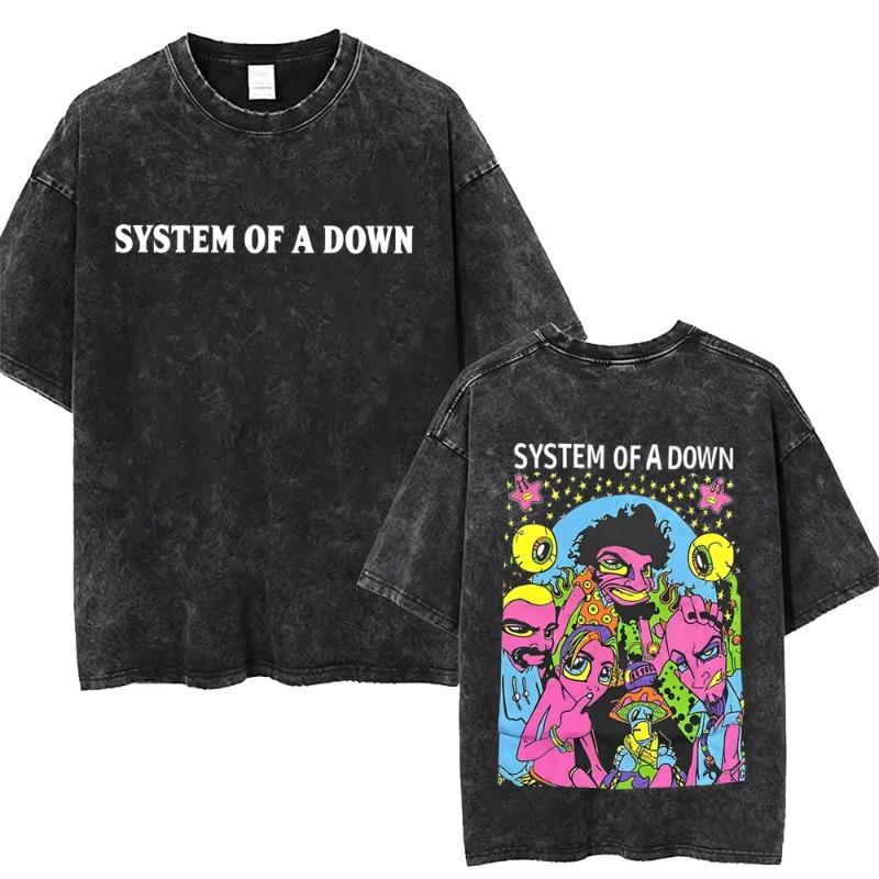 T-shirt Vintage Lavé System Of A Down Homme Rétro Rock Metal T-shirts Oversize Homme Décontracté Coton Haute Qualité
