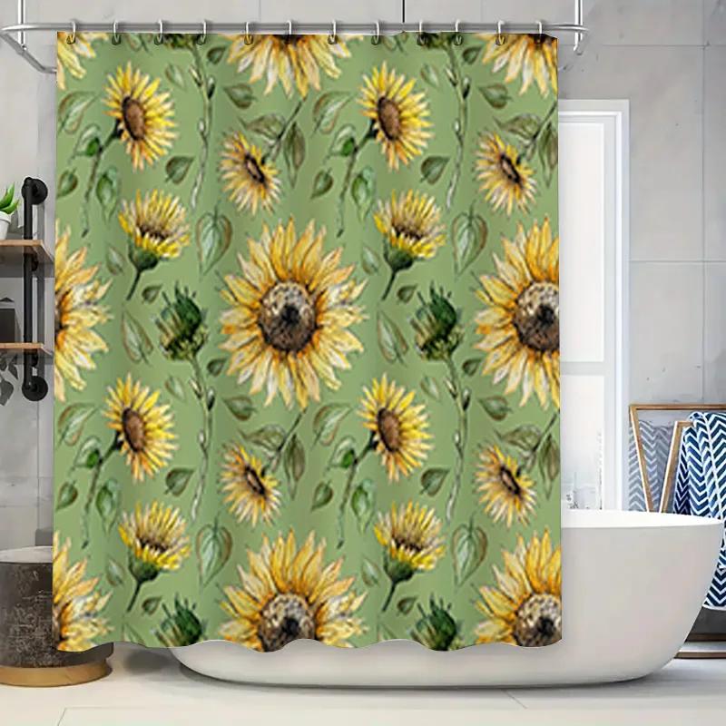 Sunflower Printed Shower Curtain Green Background with Yellow Flowers for Bathroom Decor Customizable