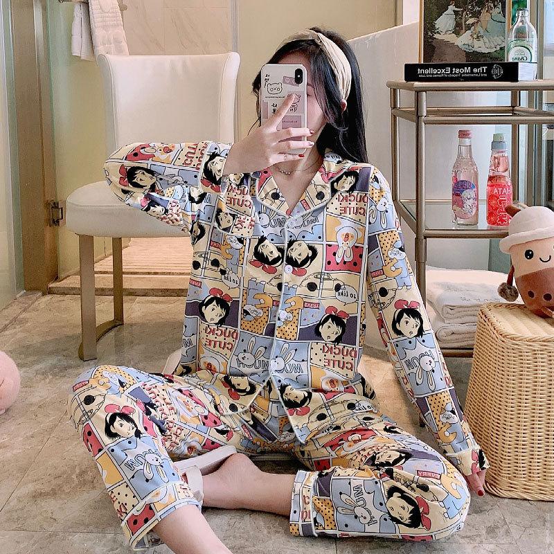 Spring And Autumn Pajamas Women'S Cardigan Long-Sleeved Trousers Korean Girls' Simple Cartoon Loungewear Suit Can Be Worn Outside